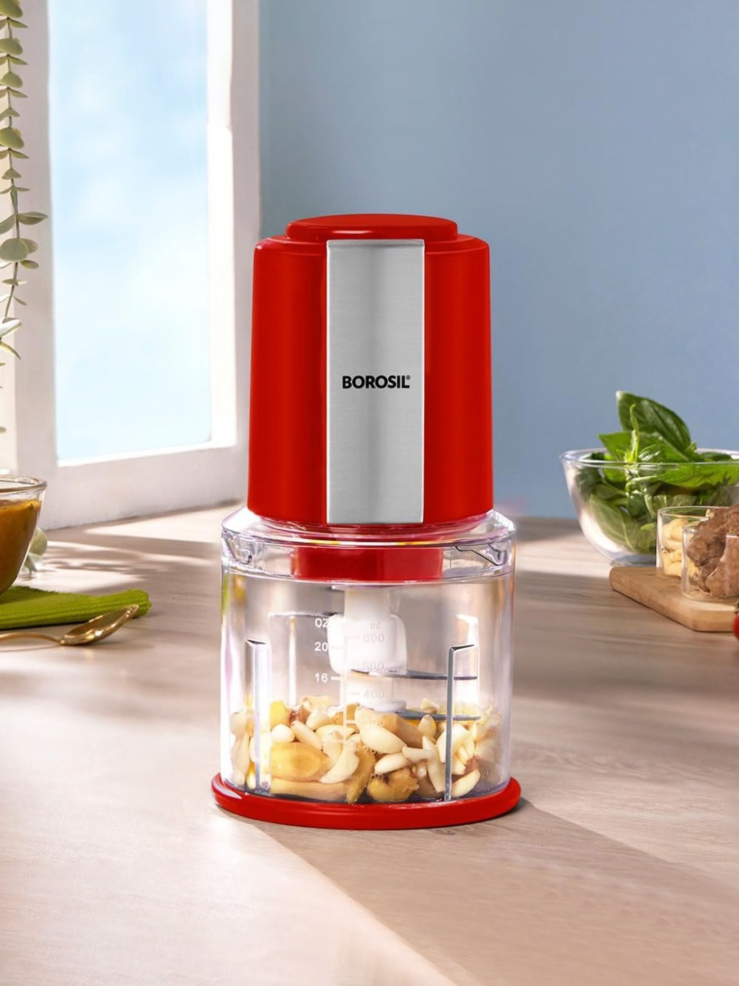 Borosil Chef Delite Electric Chopper 300W plastic bowl with lid (Red)