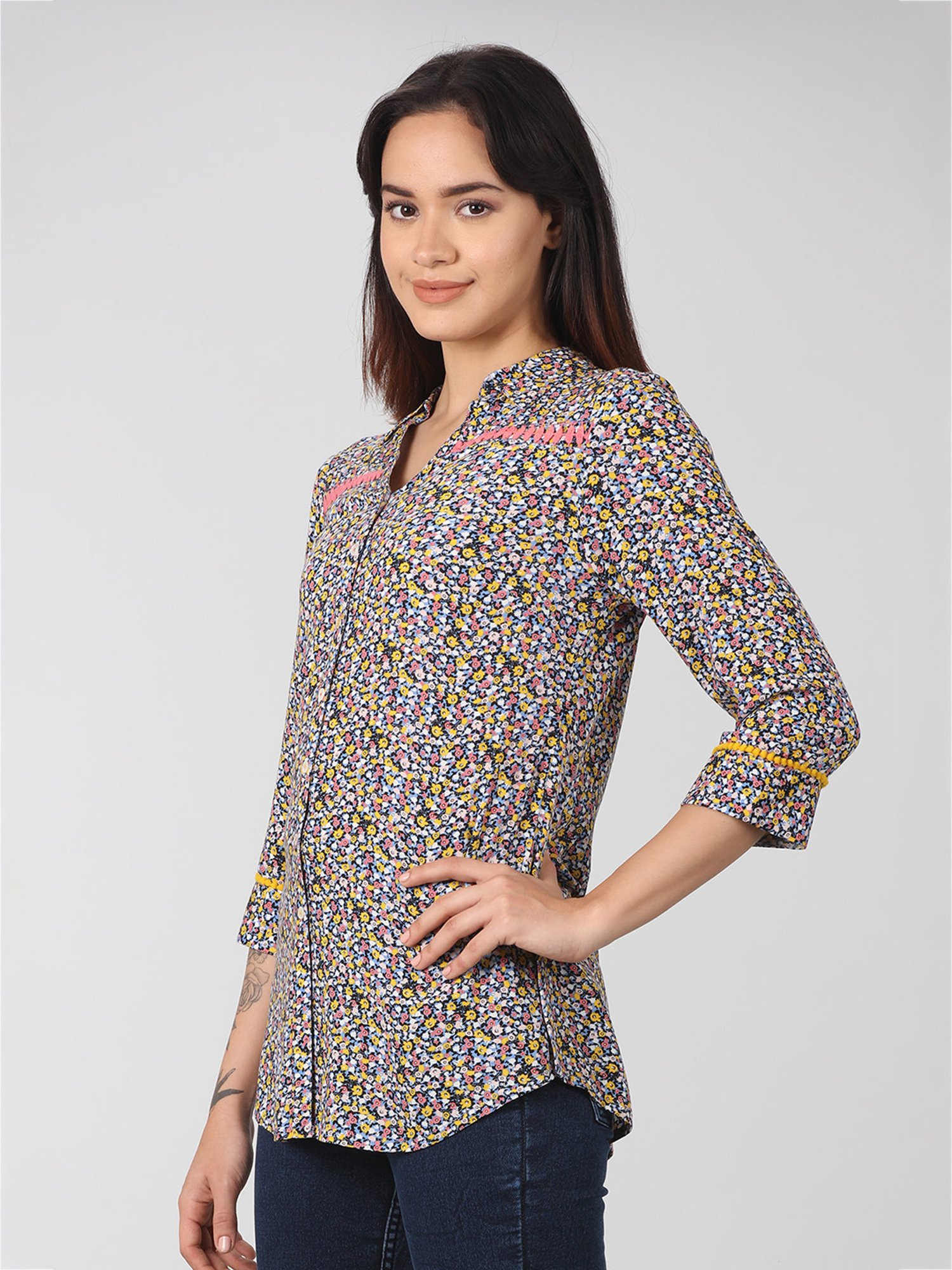Mustard Multicolor Floral Print Shirt