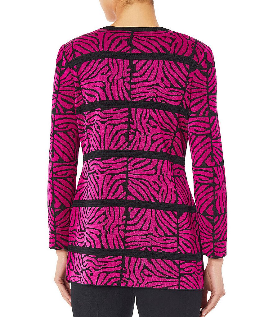 Ming Wang Contrast Trim Long Sleeve Animal Print Knit Jacket