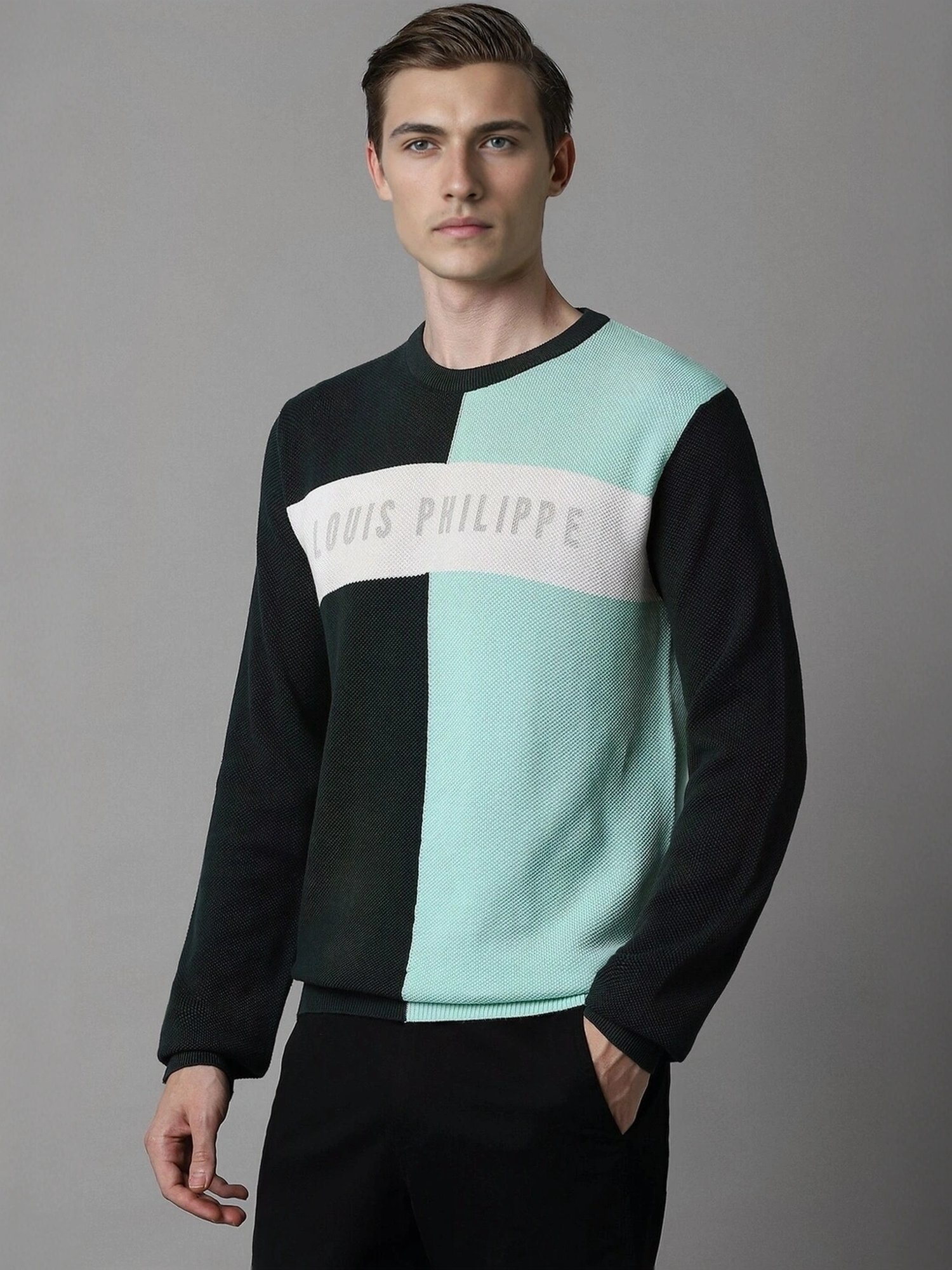 Louis Philippe Green Cotton Regular Fit Printed Sweater