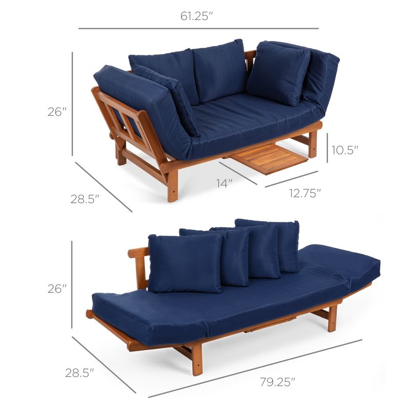 Best Choice Products Outdoor Convertible Acacia Wood Futon Sofa w/ Pullout Tray, 4 Pillows, All-Weather Cushion - Navy