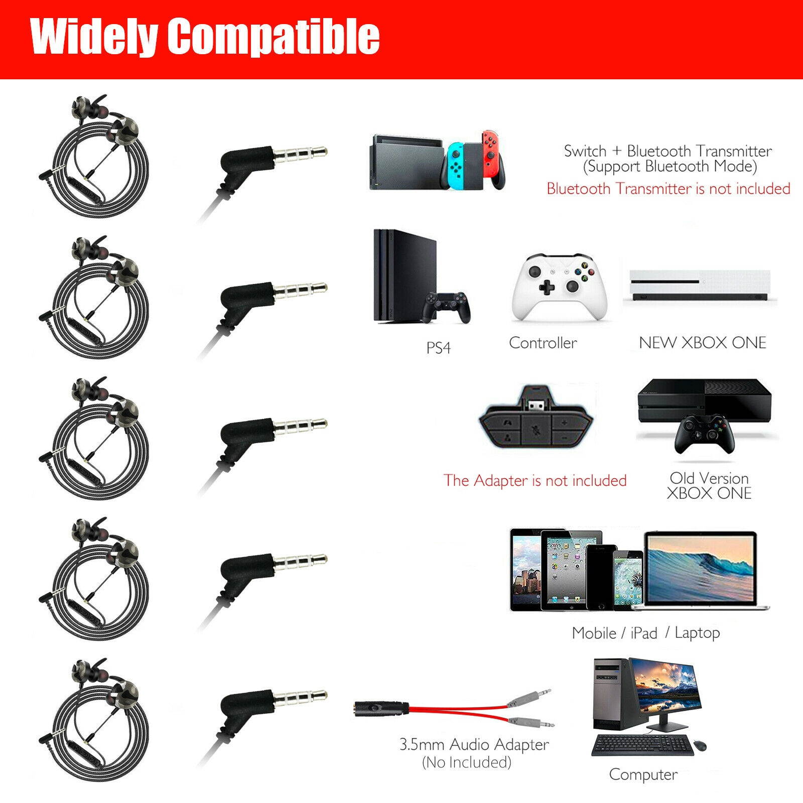 In-Ear Gaming Headset Earbuds Stereo Earphone With Mic For Phone PC Xbox One PS5