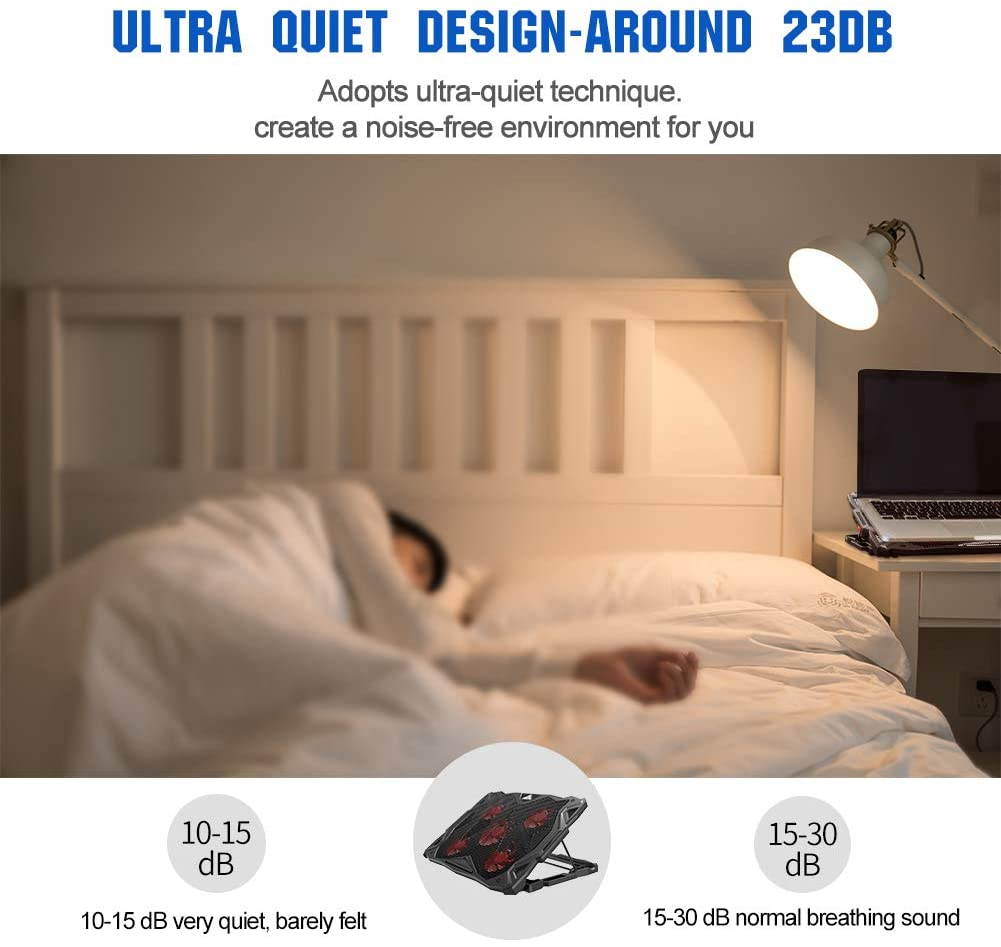 Pccooler Laptop Cooling Pad, Laptop Cooler with 5 Quiet Red LED Fans for 12-17.3 Inch Laptop, Dual USB 2.0 Ports, Portable 6 Angle Adjustable Laptop Stand for Gaming Laptop (PC-R5)