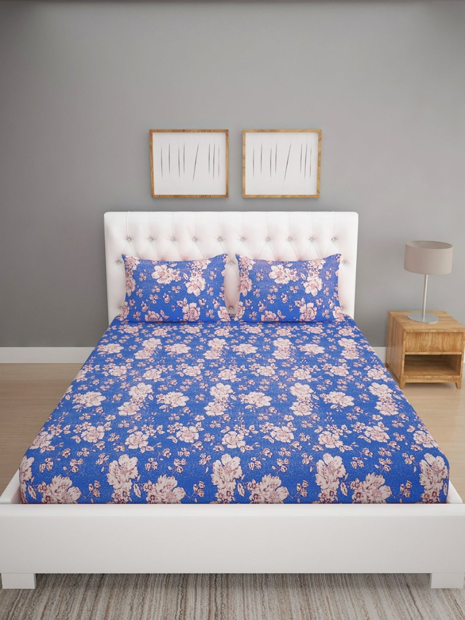 Romee Floral Grey & Pink 144 TC Cotton Queen Sized Bed Sheet with 2 Pillow Covers