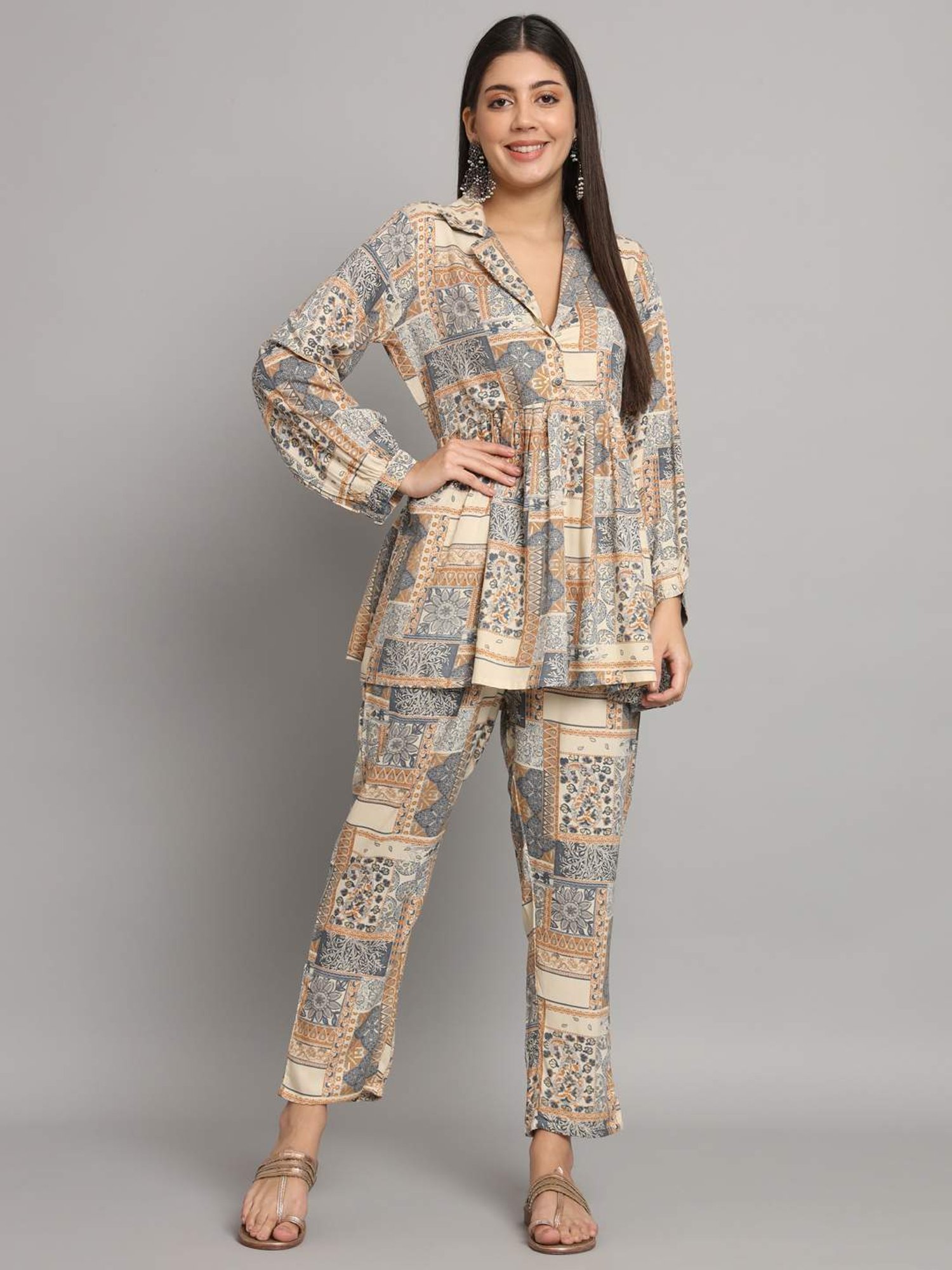 Melon by PlusS Blue Printed Shirt Pant Set