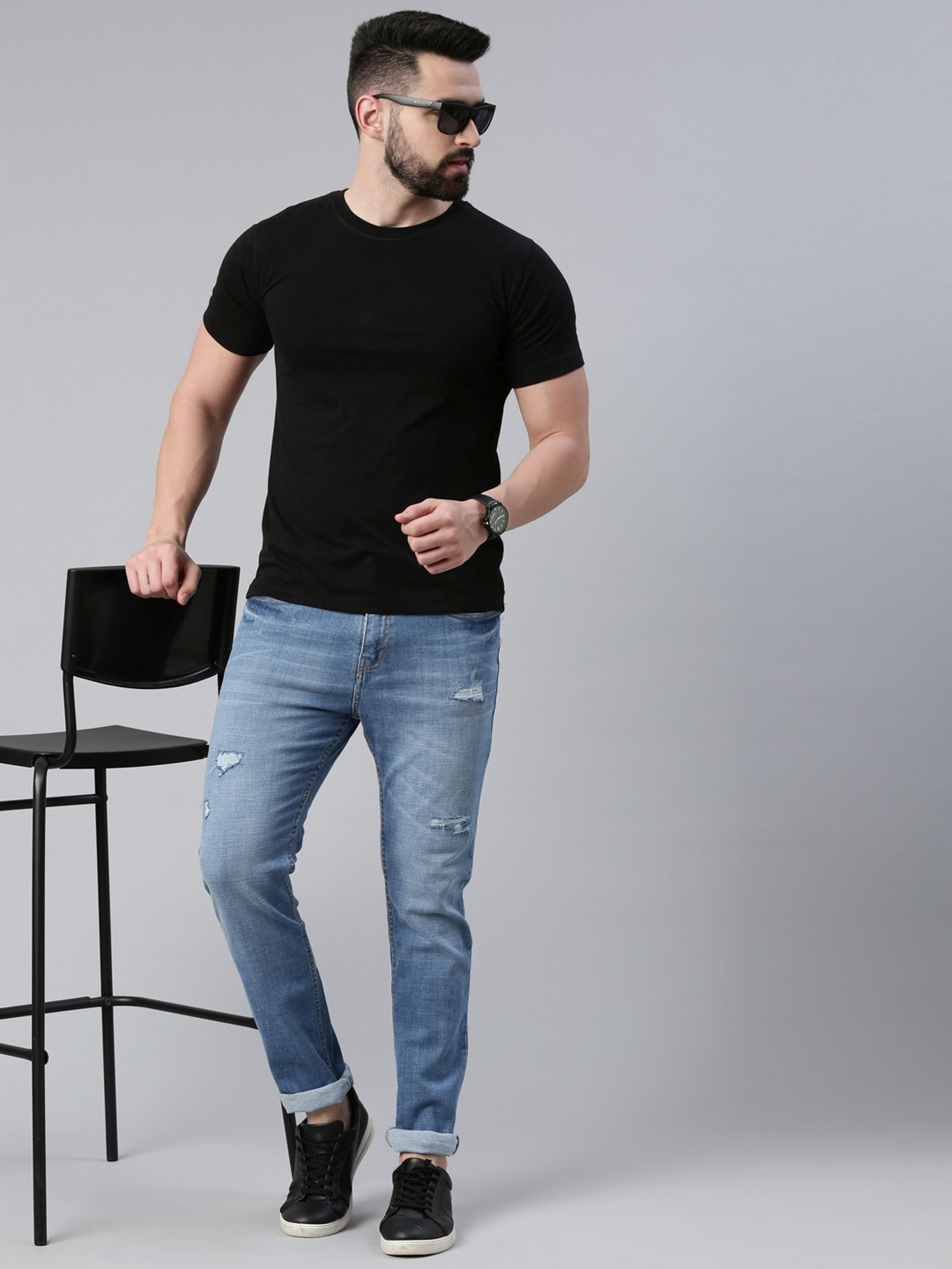 CINOCCI Baby Blue Cotton Slim Fit Distressed Jeans