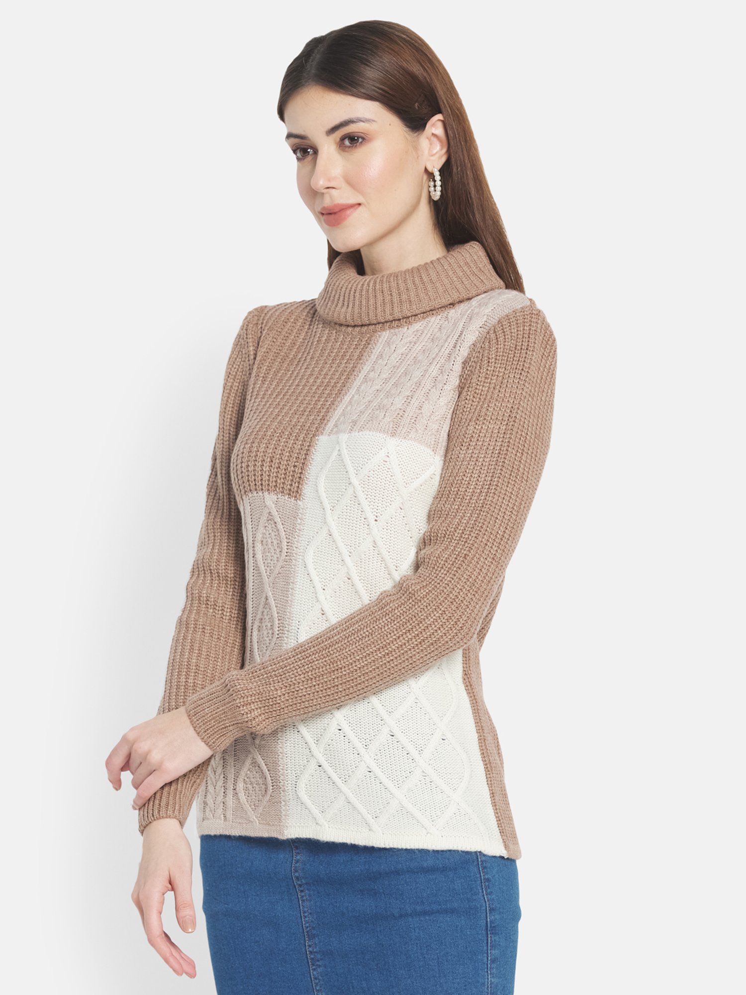 METTLE Brown & white Color Block Pattern Pullover