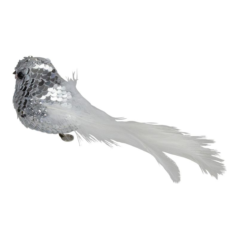 Northlight 6" Silver Sequin Bird With White Feathers Clip On Christmas Ornament
