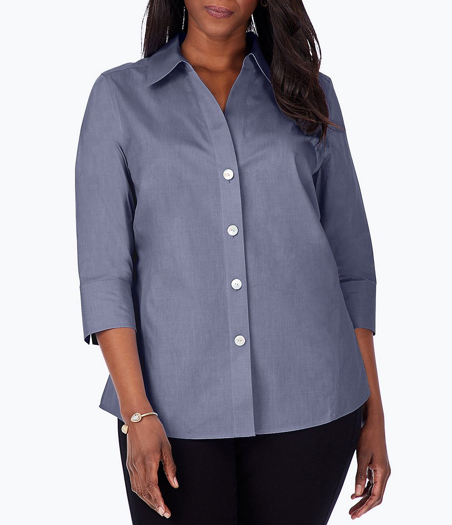 Foxcroft Plus Size Point Collar Neck 3/4 Sleeve Paityn Solid Shirt