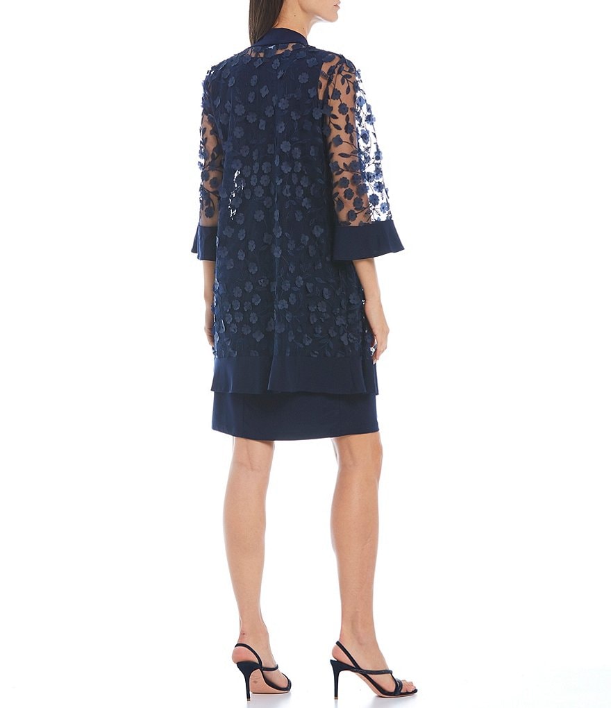 R & M Richards Jersey Knit 3D Flowers 3/4 Bell Sleeve Round Neck 2-Piece Jacket Dress