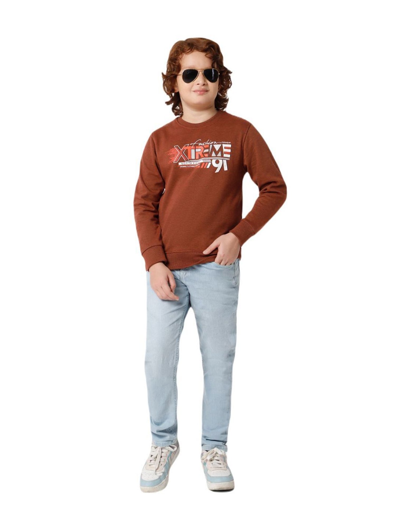 Proteens Kids Melange Brown Cotton Printed Full Sleeves Sweatshirt