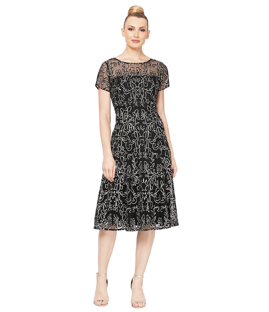 Ignite Evenings Embroidered Soutache Lace Illusion Boat Neck Short Sleeve Midi Dress