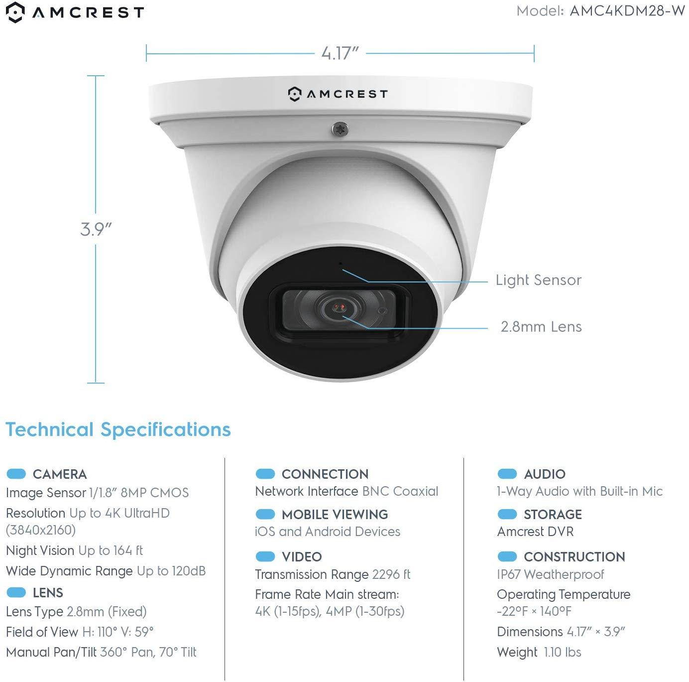 Amcrest 4K Security Camera System 8CH 8MP Video DVR with 8X 4K 8MP Indoor Outdoor Weatherproof IP67 Bullet & Dome Cameras, 2.8mm Lens, HDD Not Included, for Home Business, White (AMDV8M8-4B4D-W)