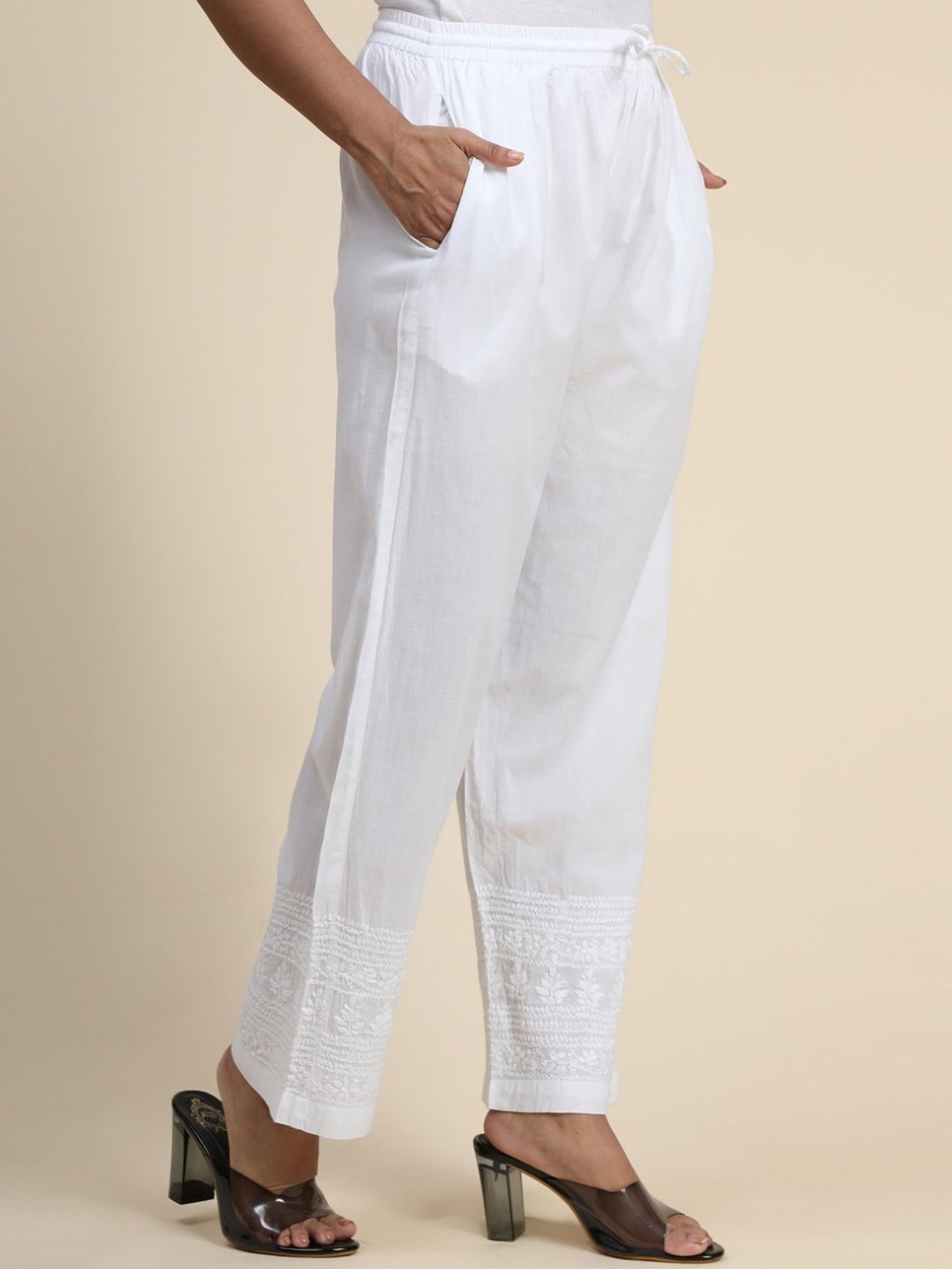 HOK Chikankari Cotton Pant Trouser White