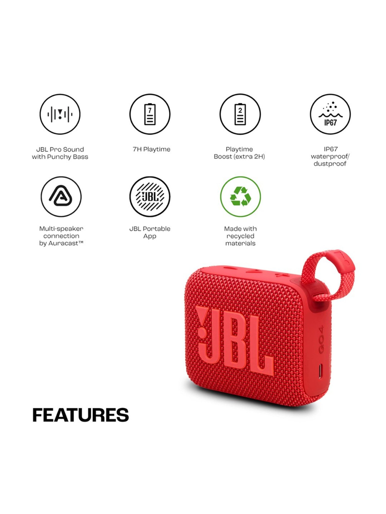 JBL Go 4, Wireless Ultra Portable Bluetooth Speaker with Pro Sound, Water & Dust Proof (Red)