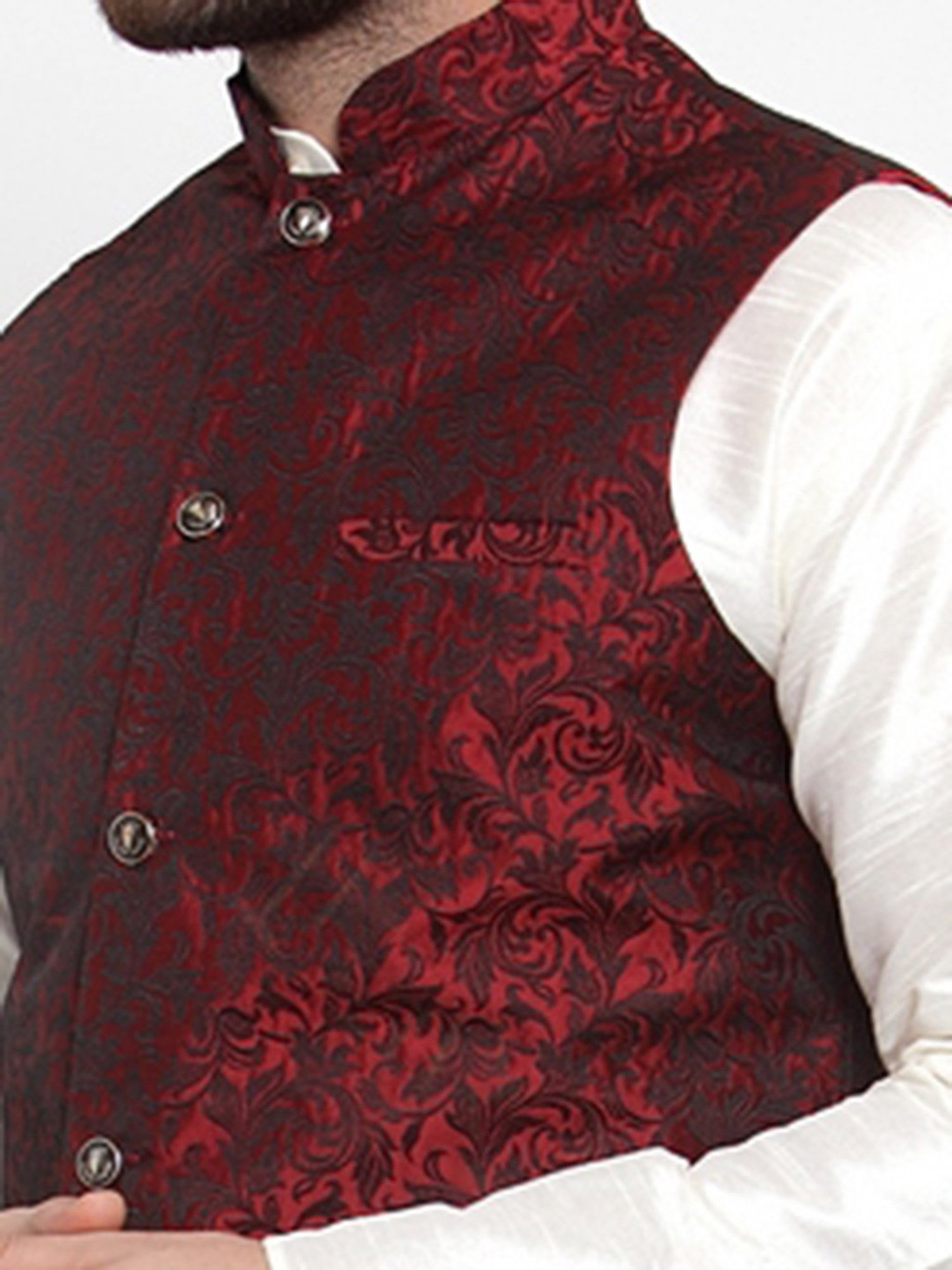 Jompers Maroon Regular Fit Self Design Nehru Jacket