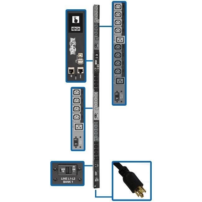 Tripp Lite Basic PDU, 30A, 24 Outlets (5-15R), 120V, L5-30P Input, 15 ft. Cord, 1U Rack-Mount Power (PDU2430)
