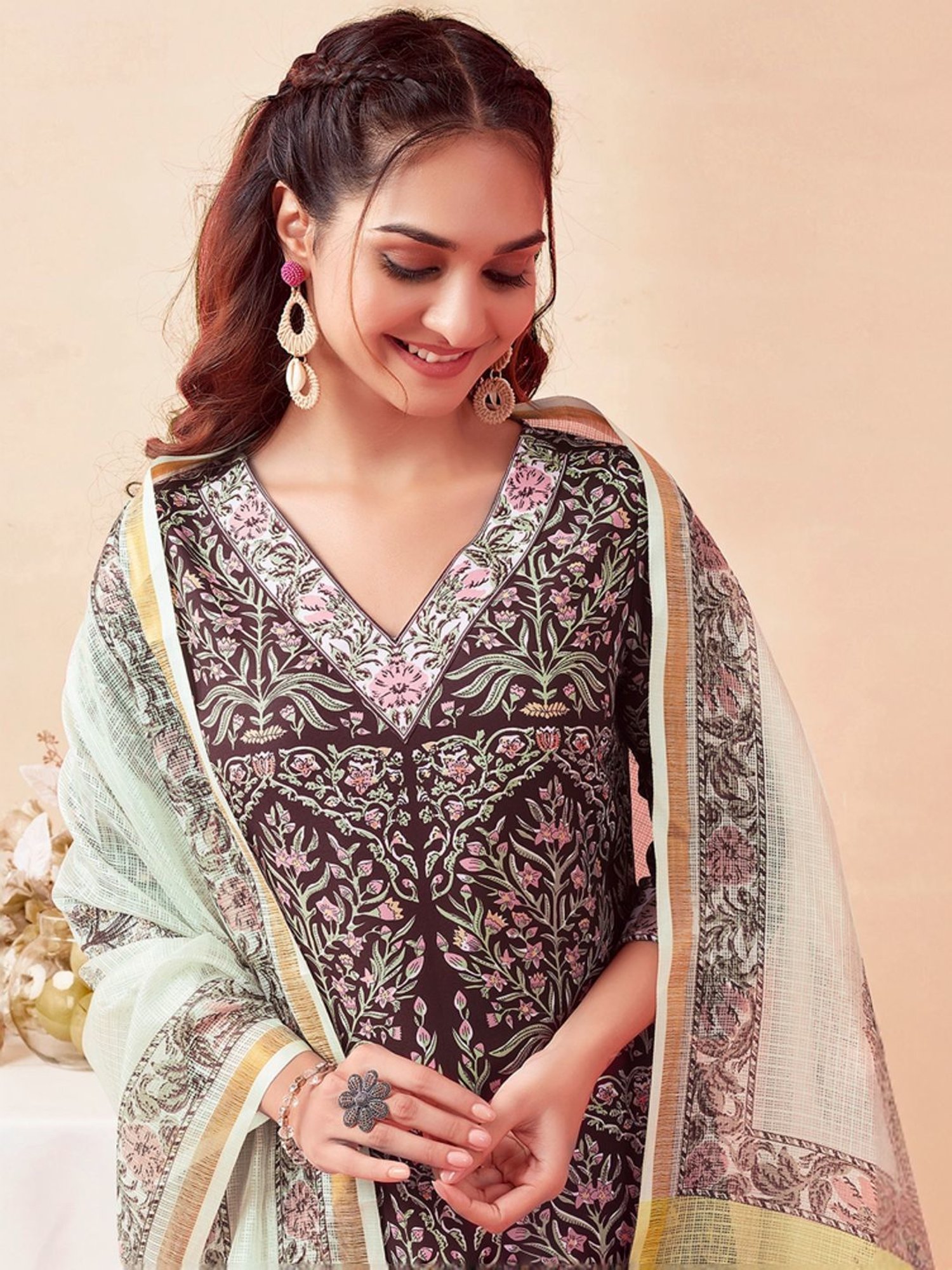 Skylee Brown & White Floral Print Kurta Salwar Set With Dupatta