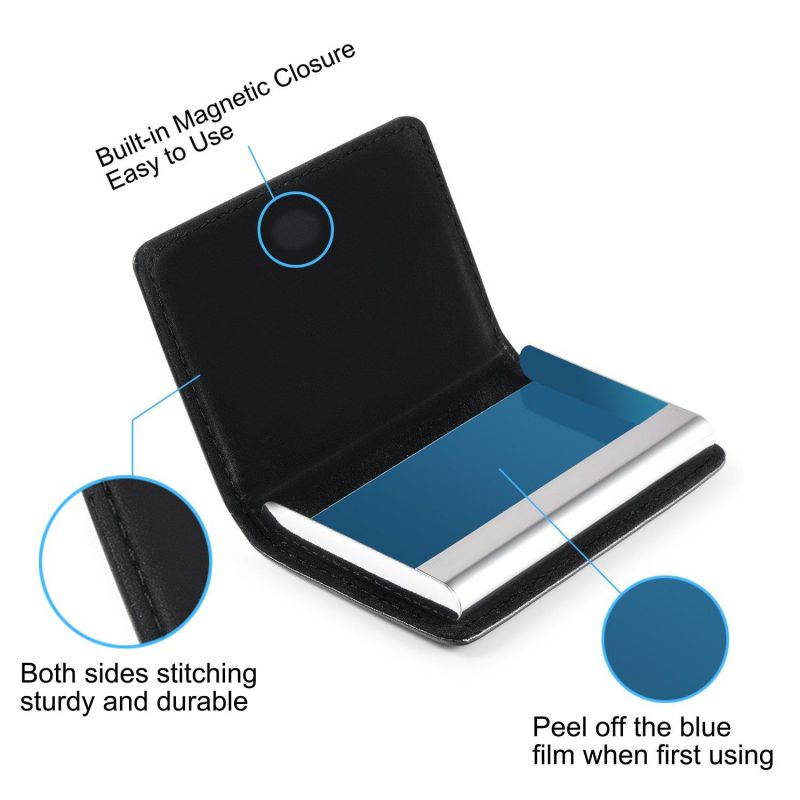 Business Card Holder, Wisdompro PU Leather & Metal Name Card Holder Wallet Case with Magnetic Closure for Men and Women - Metal Black Thread
