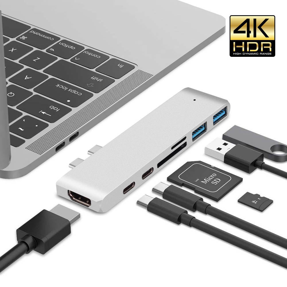 Wanmingtek USB C Hub Adapter for MacBook Air 2018, MacBook Pro 2018/2017/2016, Dual Type C Hub with 4K HDMI, micro SD/SD TF Card Reader,100W Power Delivery,40Gbps Thunderbolt 3, 2 USB 3.0 Ports-Silver