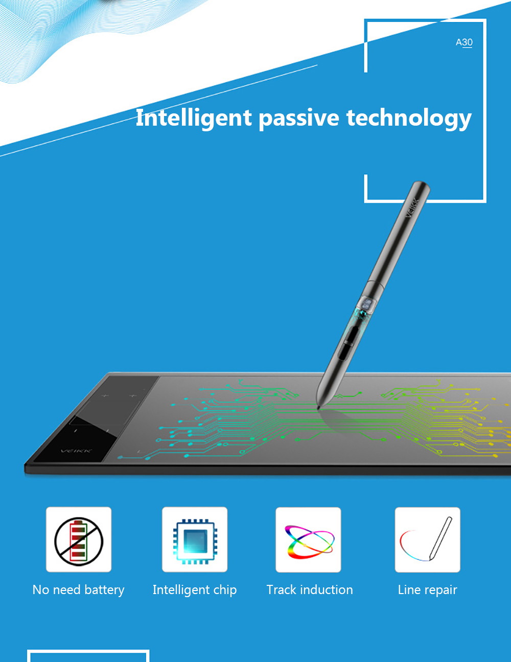 VEIKK A30 Digital Graphics Drawing Tablet 10*6 inch Pen Tablet with 8192 Levels Passive Pen for Left/Right Hand Smart Gesture Touch with 4 Touch Keys