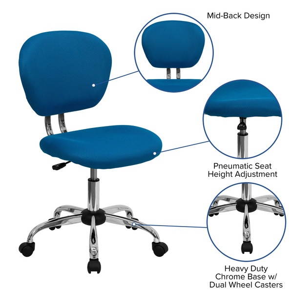 Mid-Back Turquoise Mesh Padded Swivel Task Chair with Chrome Base