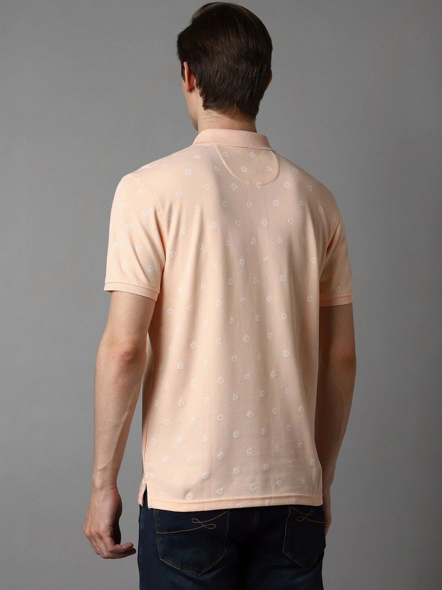 Louis Philippe Peach Cotton Slim Fit Printed Polo T-Shirt