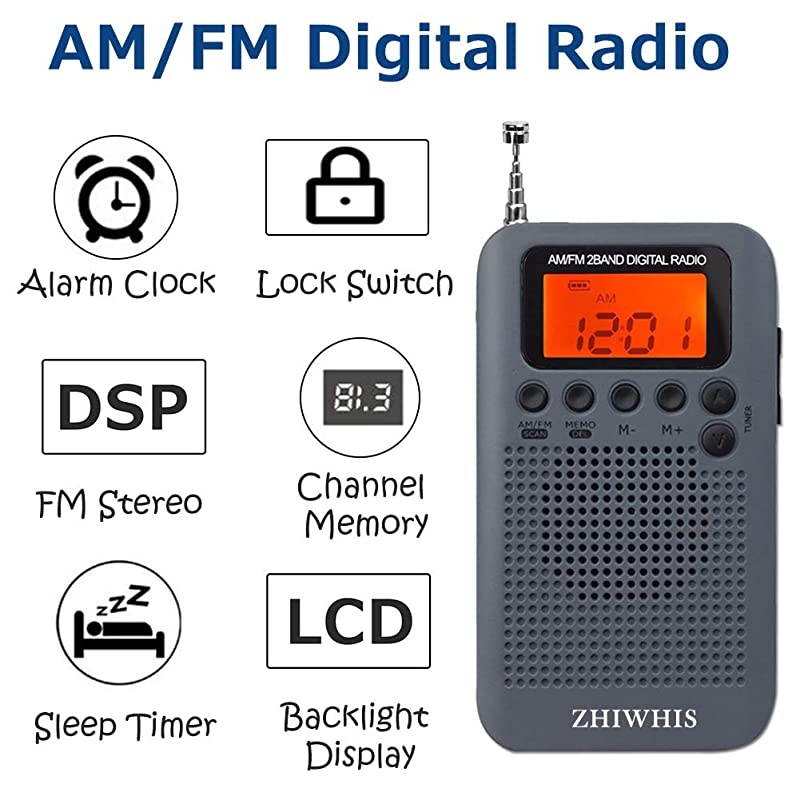 Mini LCD AM FM Battery Operated Portable Pocket Radio with Builtin Speaker and 35mm Headphone Jack Powered by 2AAA Battery Digital Alarm for WalkingTravel