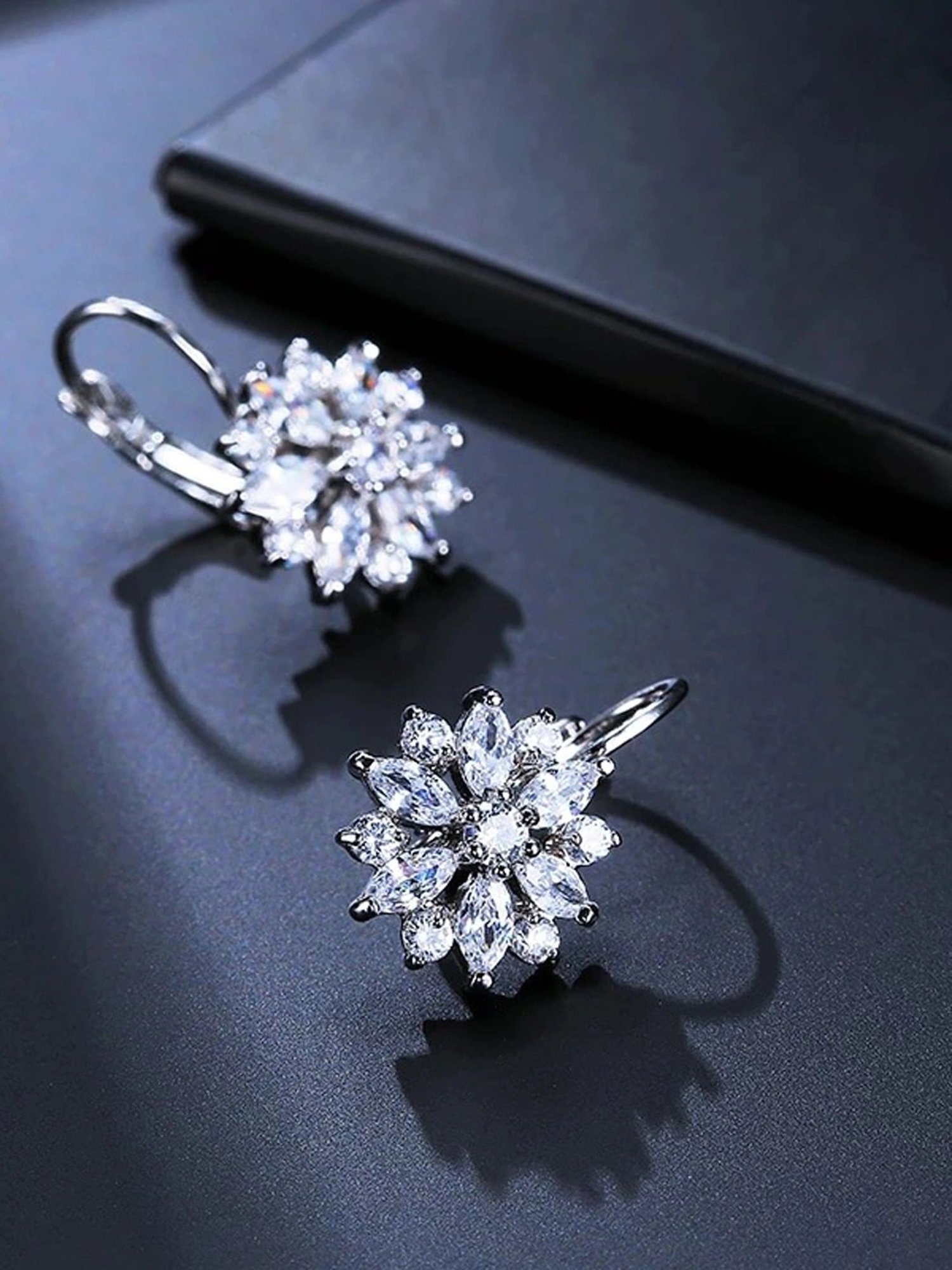 OOMPH Silver Tone Floral Cubic Zirconia Office-Wear Fashion Drop Earrings for Women