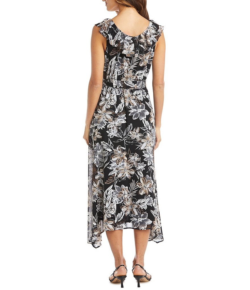 R & M Richards Petite Size Ruffle Collar Puff Print Power Mesh Dress