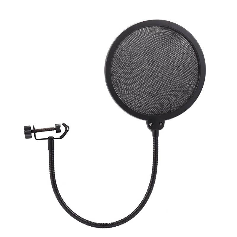 Microphone Pop Filter Dual Layer Mesh Shield with Swivel Mount 360 Flexible Gooseneck Clip Stabilizing Arm