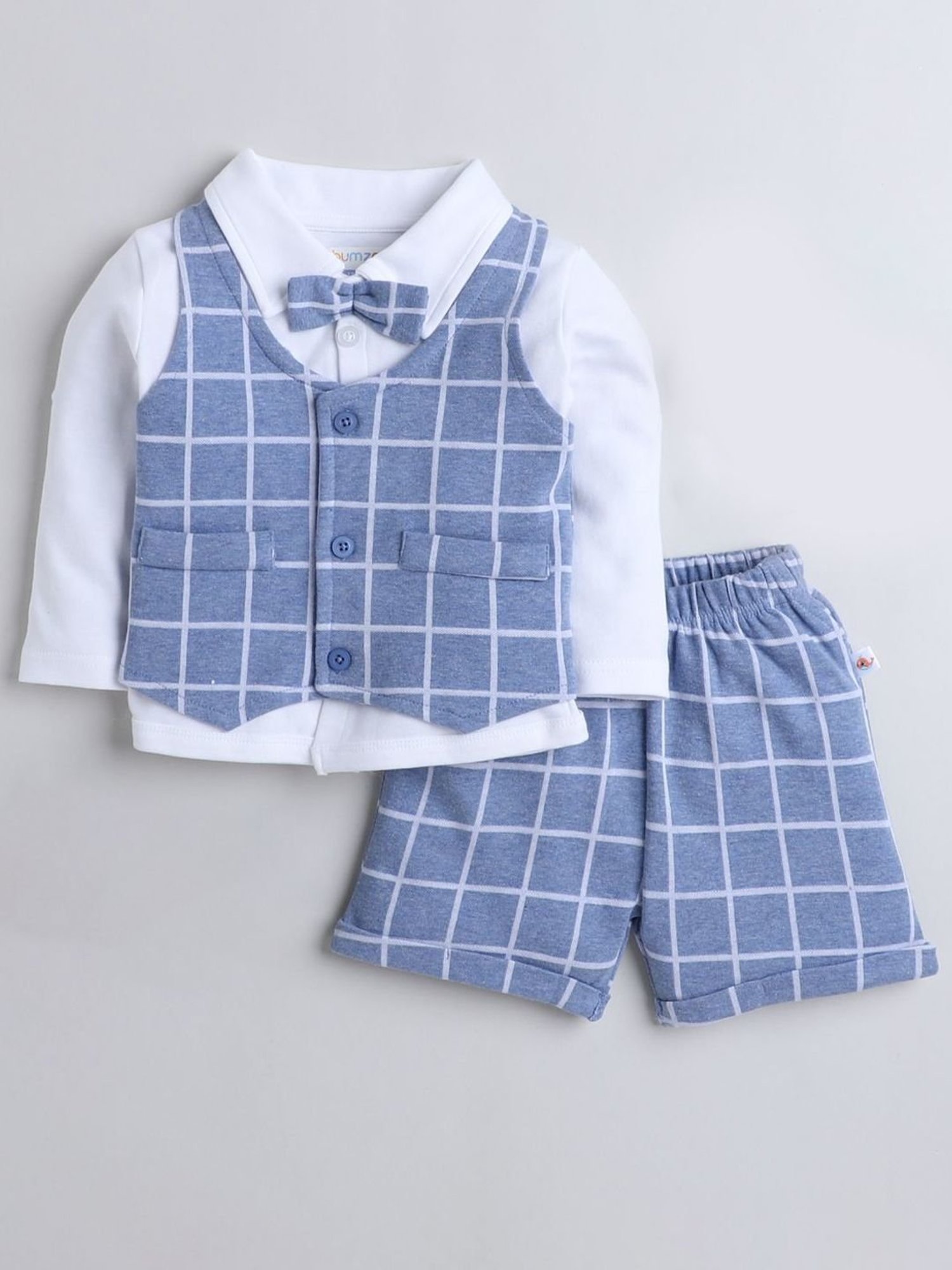 Bumzee Kids Grey & White Checks Full Sleeves Shirt, Waistcoat with Pants