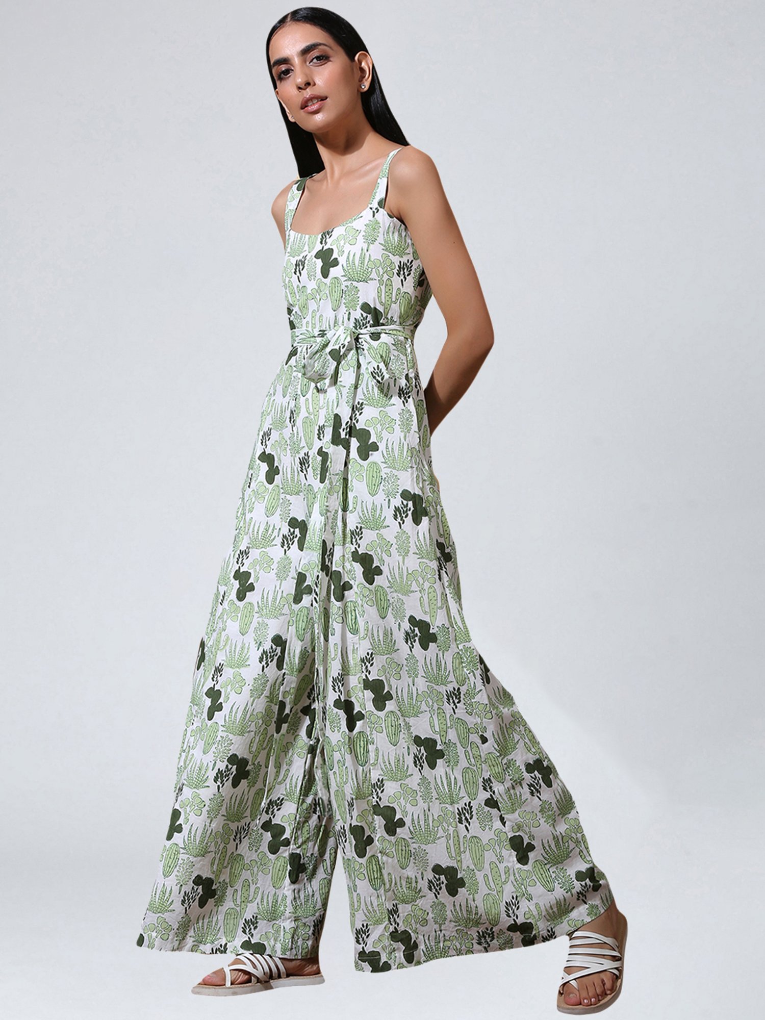 Okhai Succulent White & Olive Green Pure Cotton Printed Jumpsuit