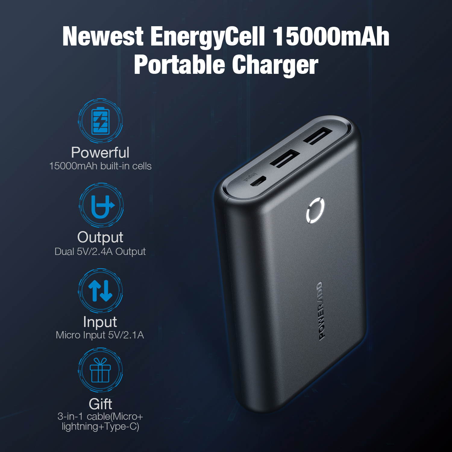 POWERADD Portable Charger EnergyCell 15000mAh Power Bank Dual 5V/2.4A Output External Battery Fast Charging Portable Charger for iPhone Samsung Cellphone, Black