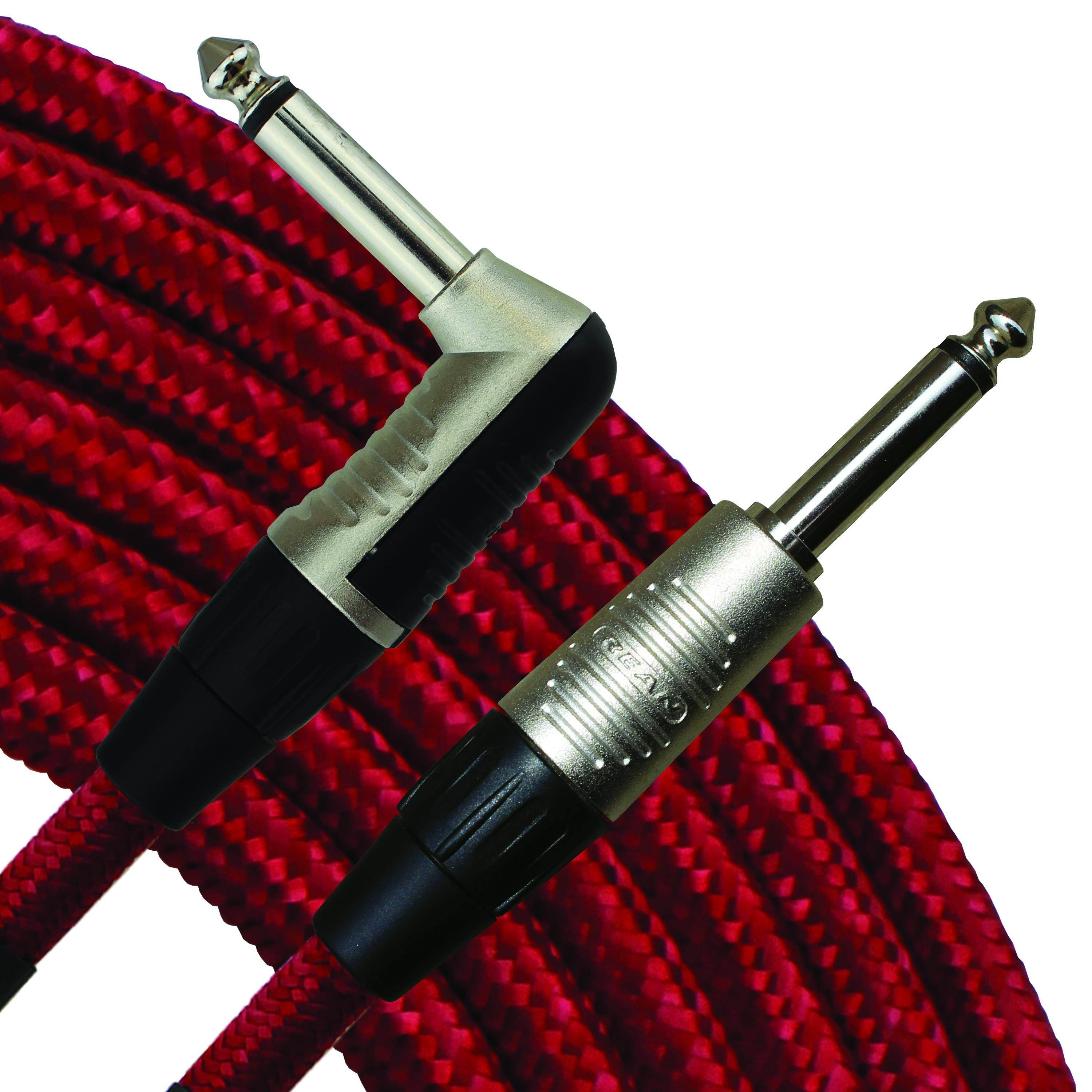 RapcoHorizon 10' Vintage Cloth Instrument Cable, Red, 1/4" Straight to Right Angle