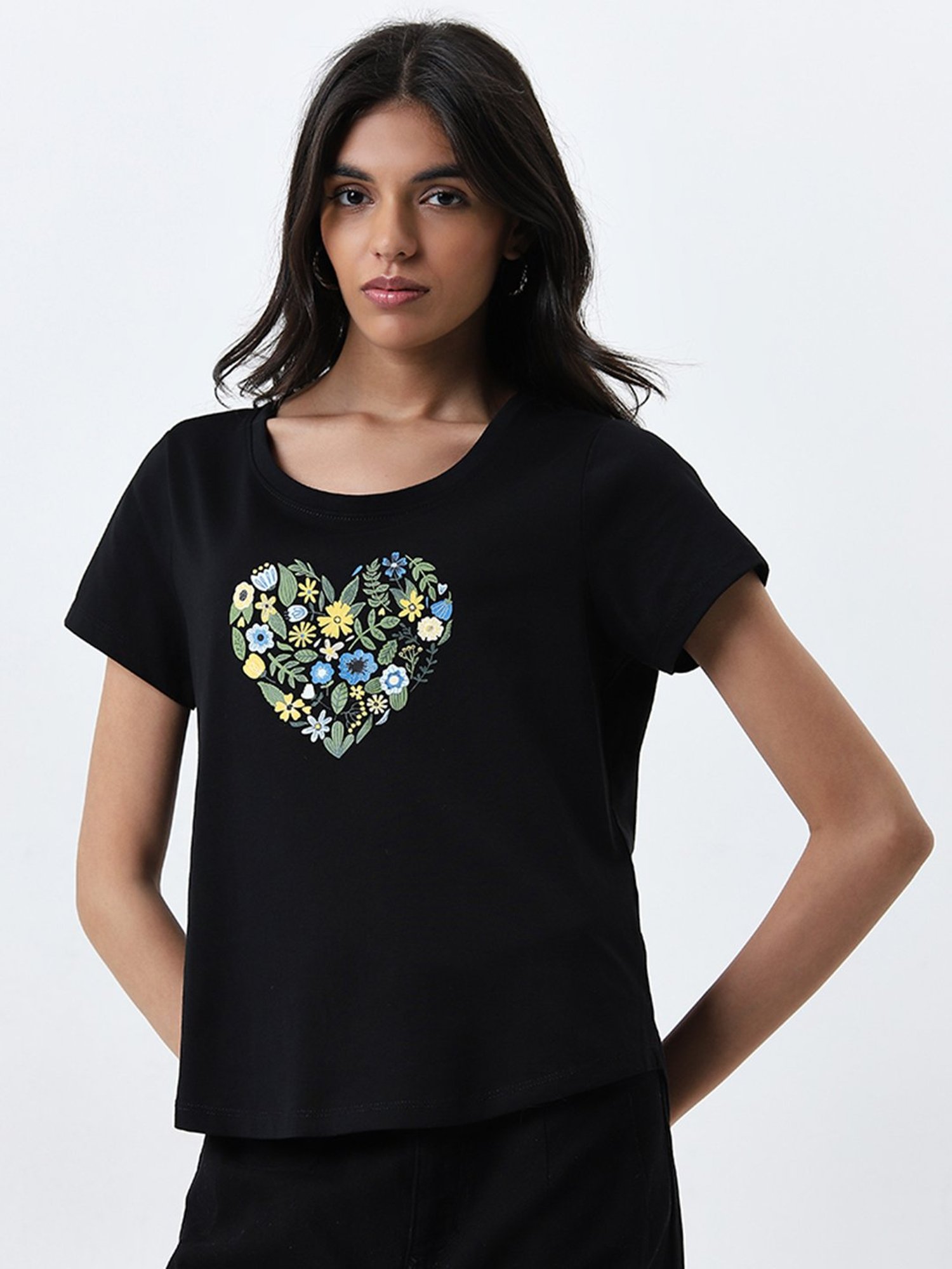 LOV by Westside Black Floral Printed Cotton T-Shirt