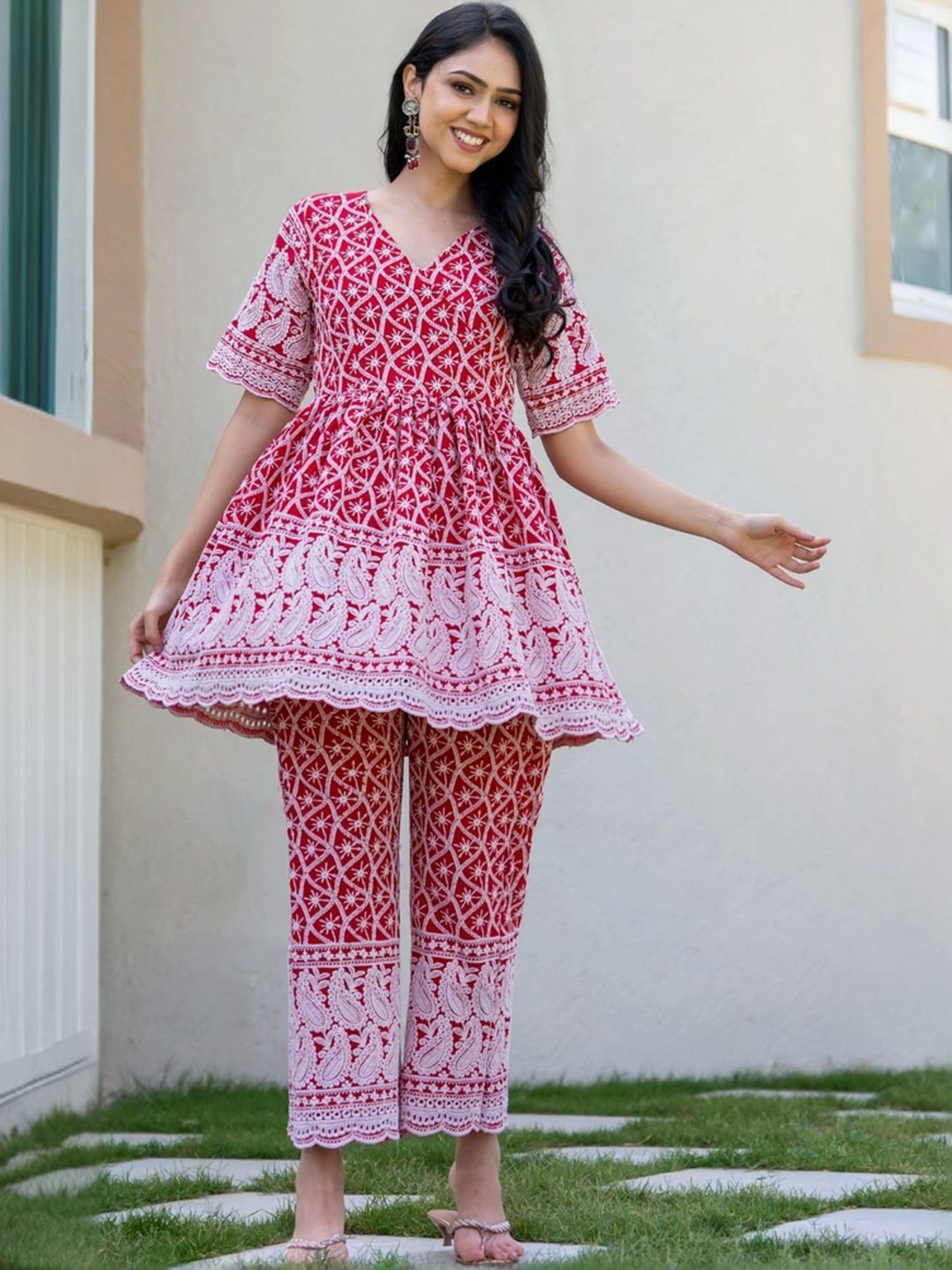 HOUSE OF JAMOTI Red Cotton Embroidered Tunic Pant Set