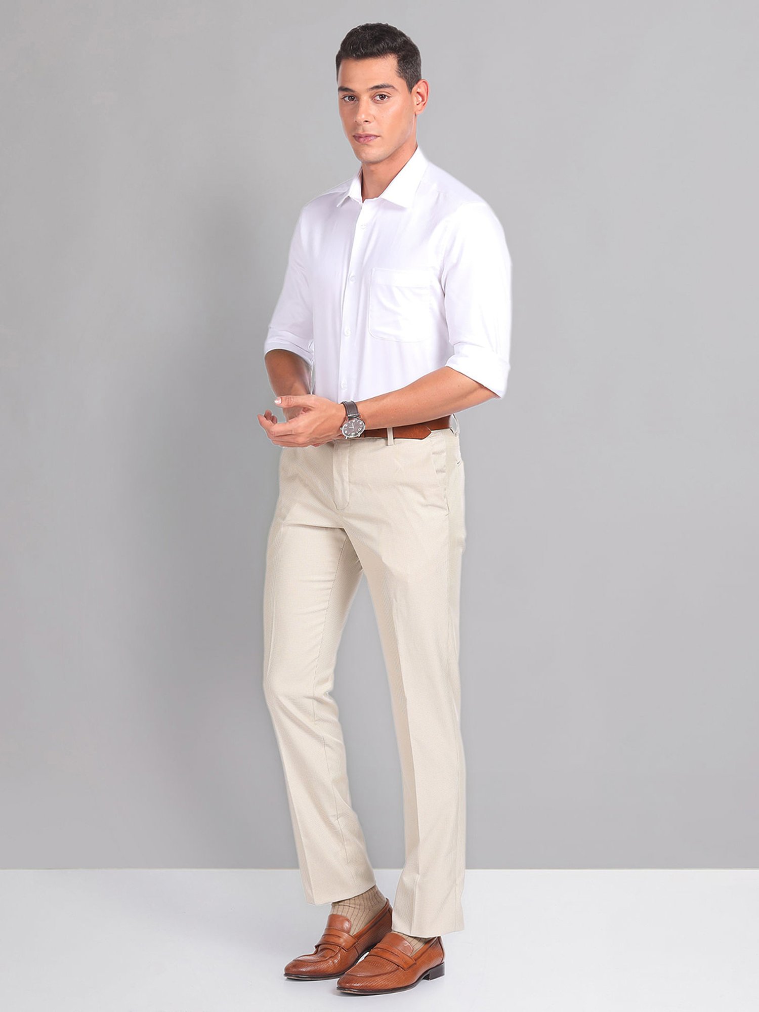 AD by Arvind Beige Slim Fit Flat Front Trousers