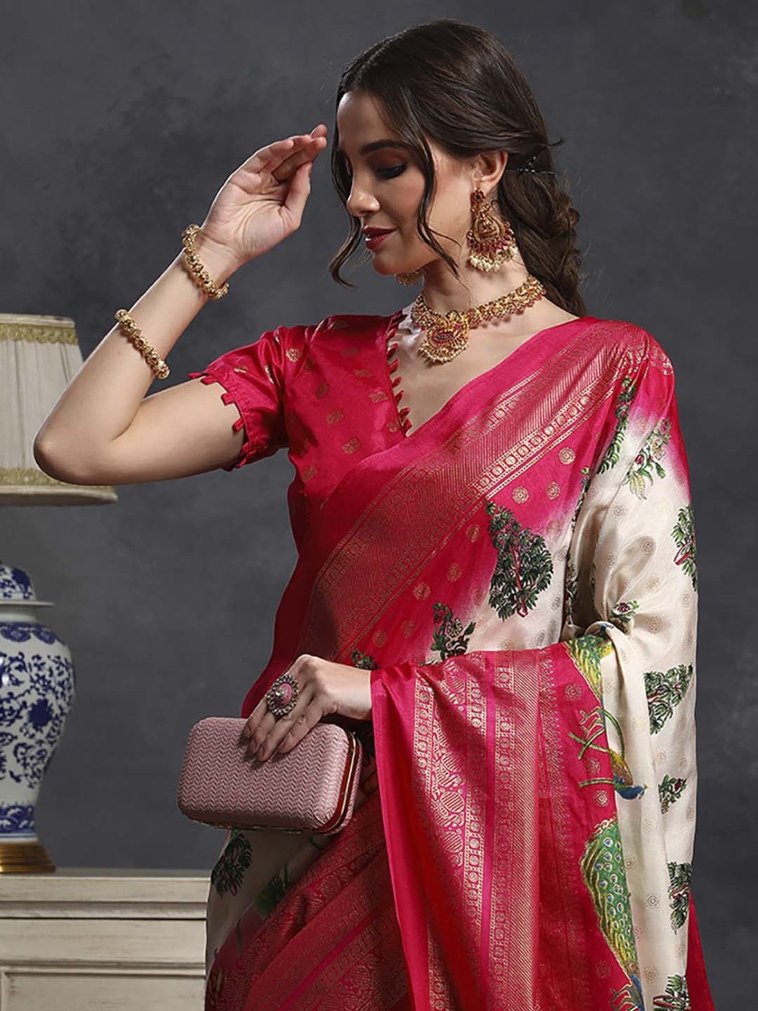 Saree Mall Beige & Pink Silk Printed Saree With Unstitched Blouse