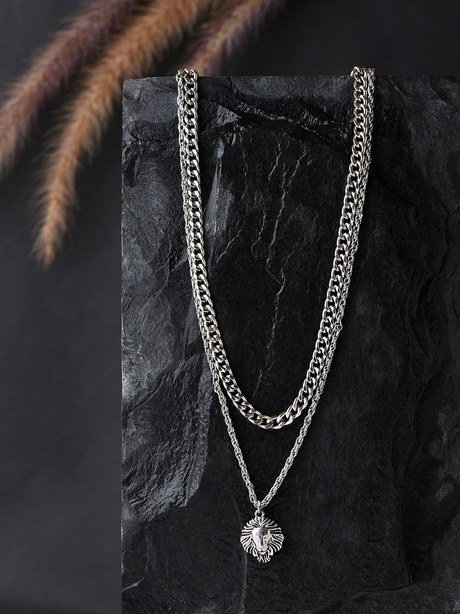 The Bro Code Animal Lion Fusion Silver Necklace for Men - Set of 2