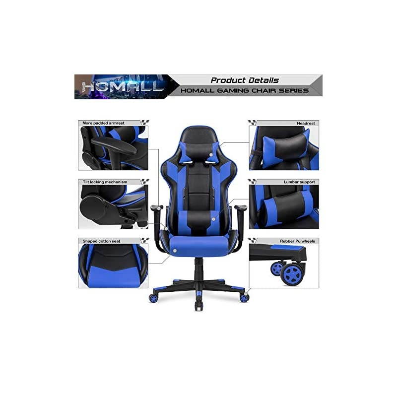 Gaming Chair Office Chair High Back Computer Chair Leather Desk Chair Racing Executive Ergonomic Adjustable Swivel Task Chair with Headrest and Lumbar Support (Blue)