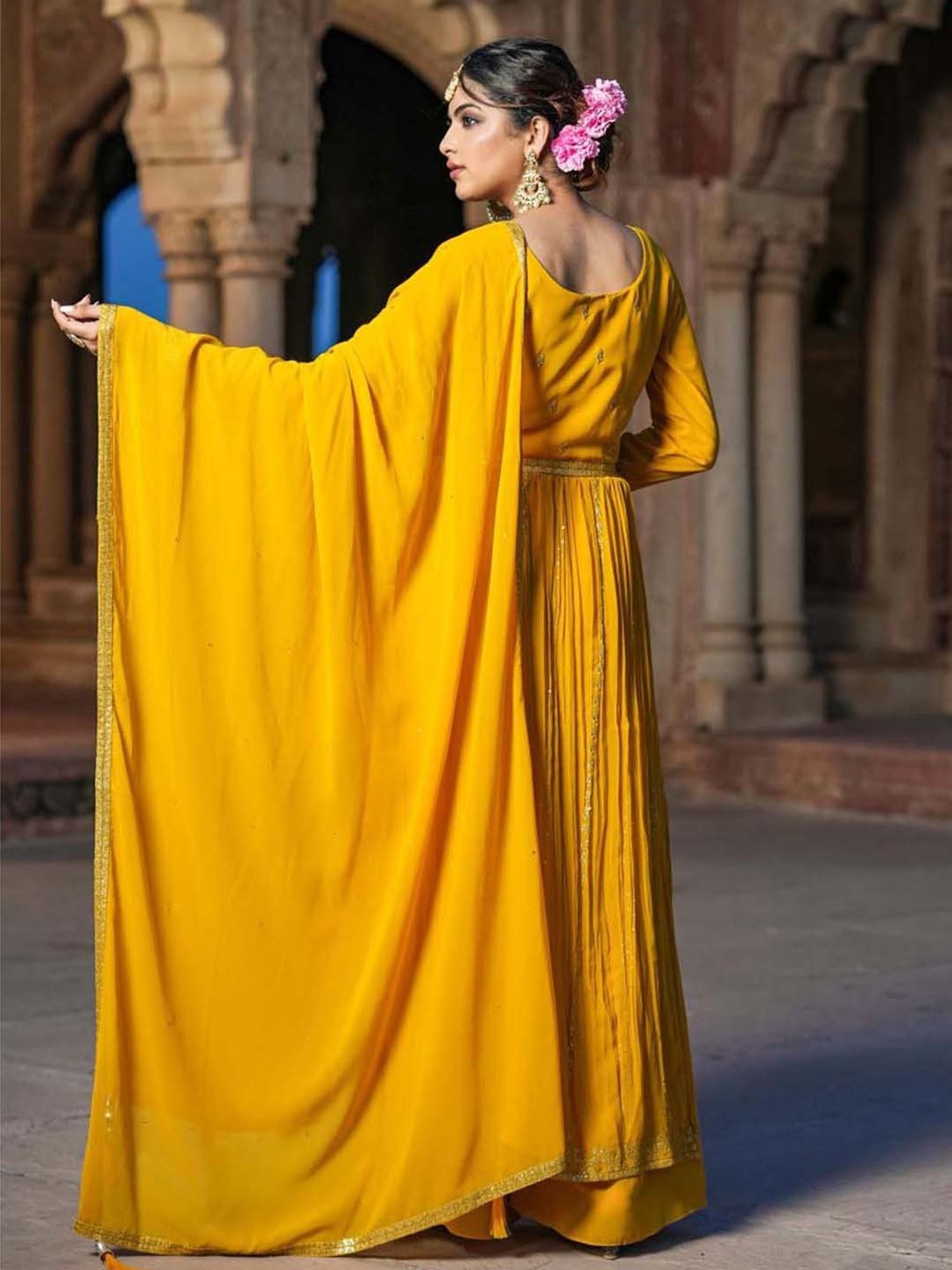 SCAKHI Yellow Embroidered Kurta Palazzo Set With Dupatta
