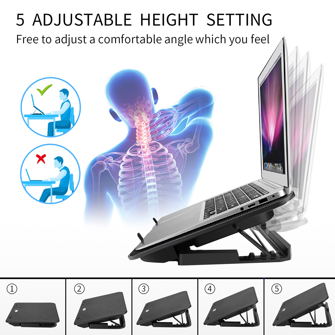 ICE COOREL Laptop Cooling Pad, Laptop Cooler Stand with 6 Quiet Cooling Fans and 5 Height Adjustable, Cooling Pad for Laptop 15.6 14 13 Inch, Dual USB 2.0 Ports, The Wind Speed Adjustable