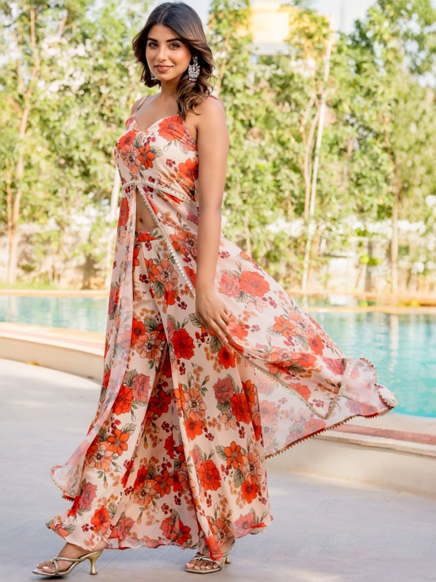 HOUSE OF JAMOTI Beige Printed Kurta Palazzo Set