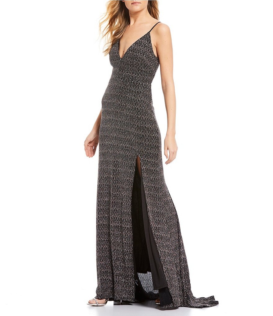 Dear Moon Deep V-Neck High Side Slit Multi-Glitter Knit Long Dress