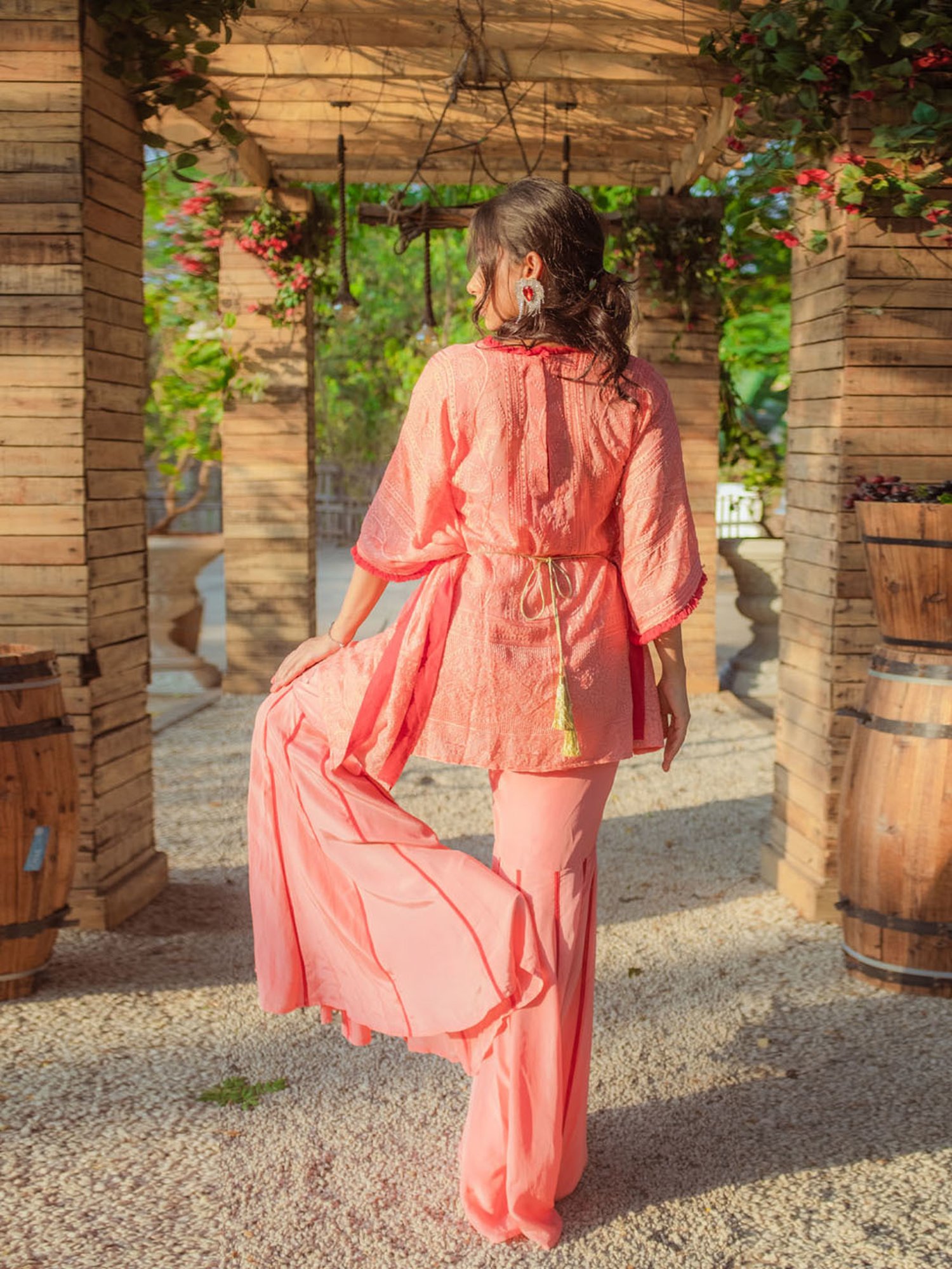 Monk and Mei Suraiya Chikankari Kaftan & Sharara- Peachy Melon