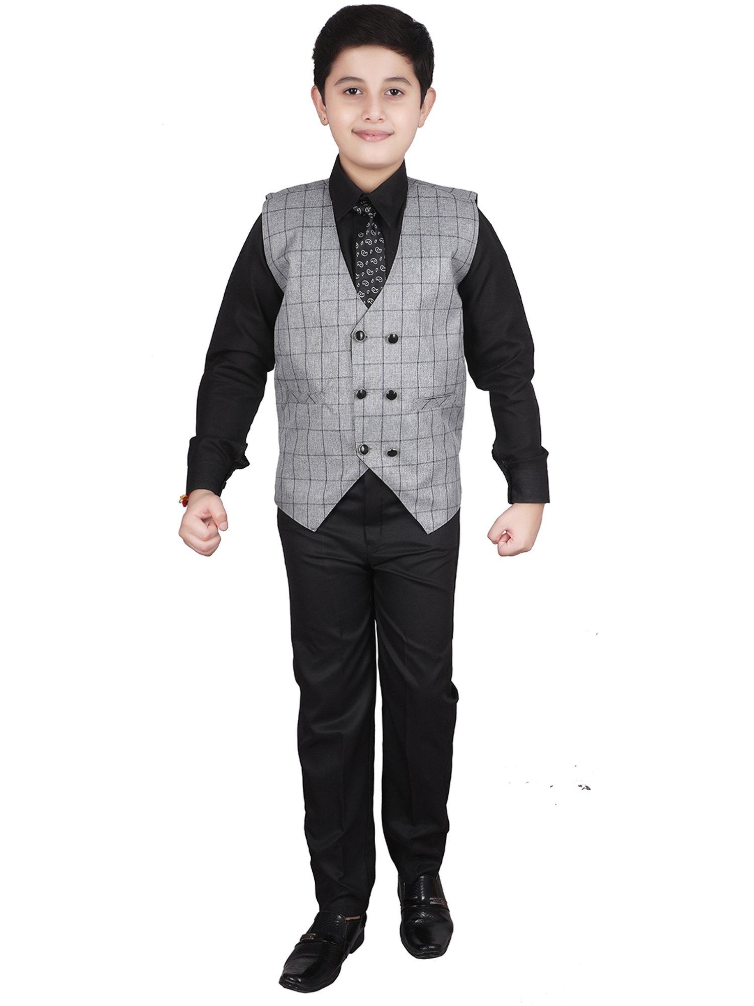 Pro-Ethic Style Developer Kids Grey & Black Checks Full Sleeves Shirt, Waistcoat, Pants with Tie