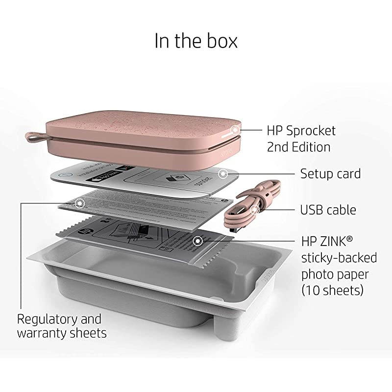 Sprocket Photo Printer 2nd Edition Instantly Print Social Media Photos on 2x3 StickyBacked Paper Blush + Photo Paper 50 Sheets + USB Cable + 60 Decorative StickOn Border Frames