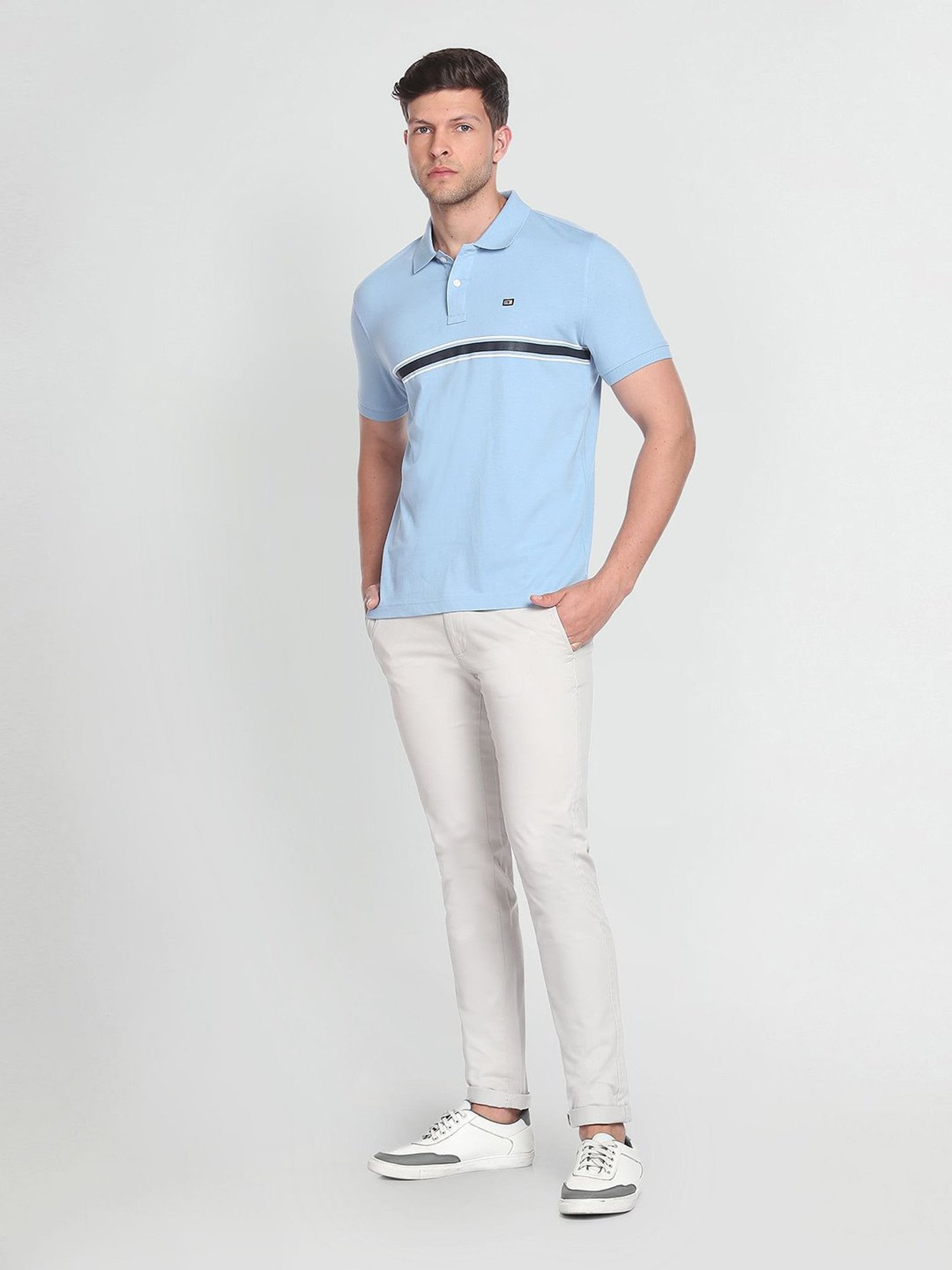 Arrow Sport Light Blue Regular Fit Striped Cotton Polo T-Shirt