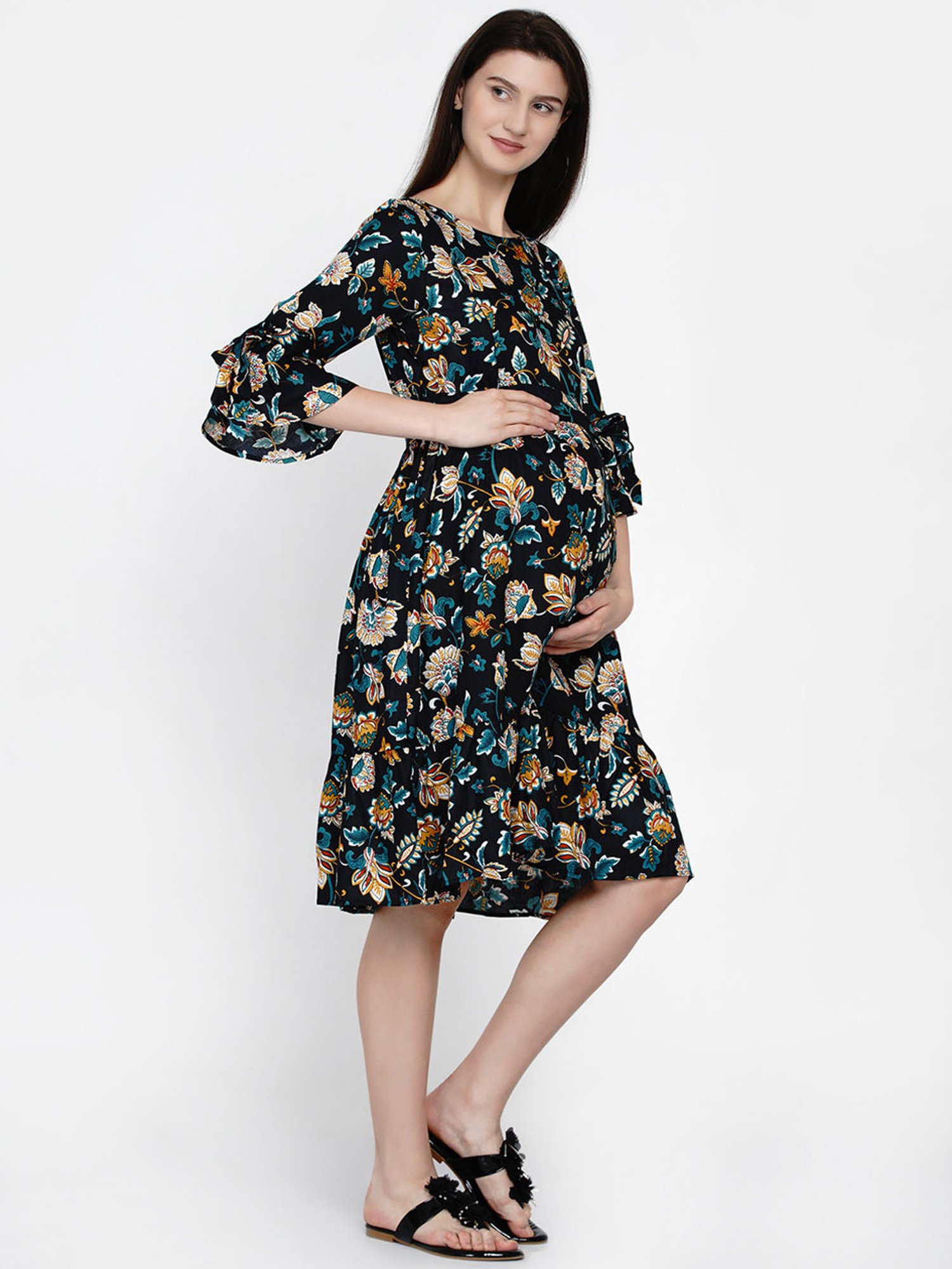 Mine4Nine Navy Floral Print Maternity Dress